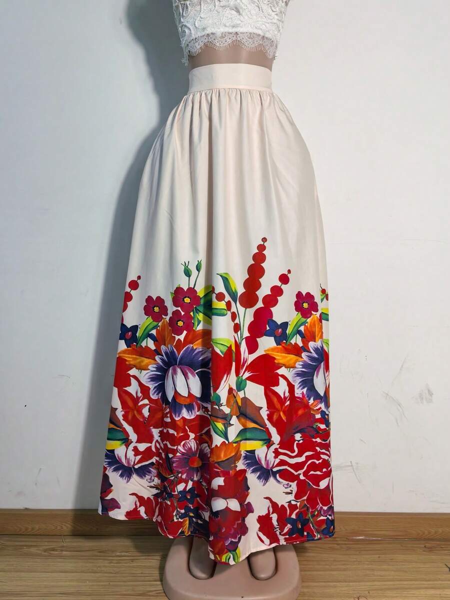 女士花卉印花褶皱 A 字形休闲裙，适合日常穿着