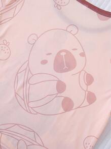Set de 2 piezas Pijamas de manga corta para niños, nuevos pijamas de verano ligeros con cuello redondo y estampado de capibaras de dibujos animados abstractos, aptos para uso al aire libre, de niña pequeña a adolescente