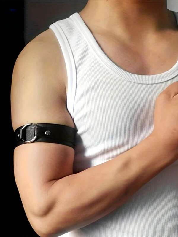 2pcs Fashion Men Black PU Leather Arm Band, Adjustable Gothic-Style Arm Strap Armband Sleeve Garter Accessory