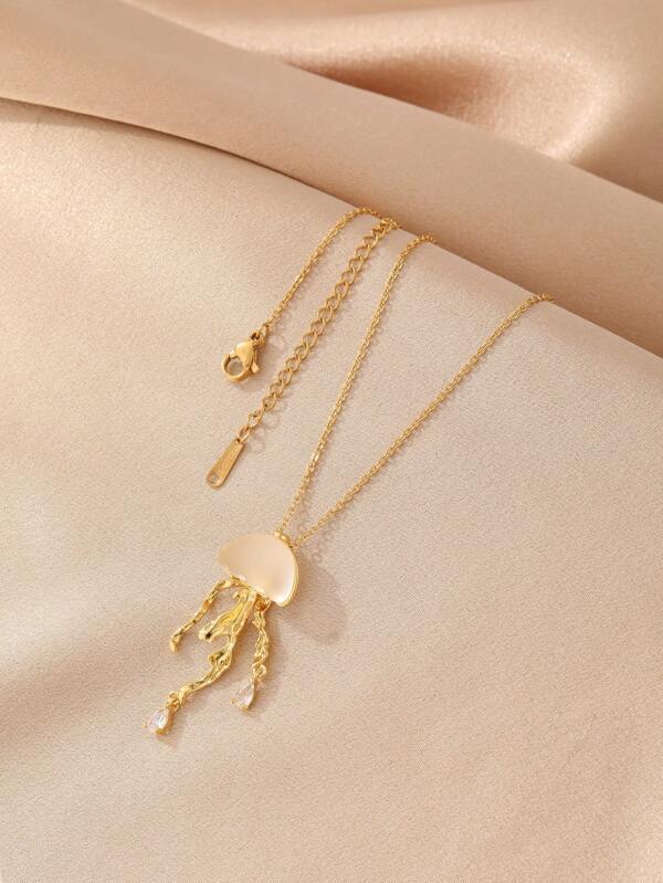 1pc Stainless Steel Gold Jellyfish Pendant Necklace With Diamond, Elegant Boho Vintage Unisex Couple