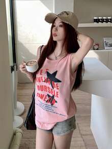 夏季甜美休闲标语星星印花宽松背心 - 粉色 - 查看 4