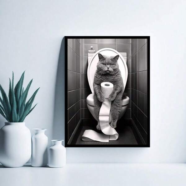 Decoração de quarto 1 peça, Humor de banheiro de gato britânico, Impressões de arte sem moldura, Fotografia vintage em preto e branco, Arte de parede de banheiro, Placas de banheiro, Decoração de parede de tela engraçada para casa, quarto, cozinha, sala de estar, hotel, café, pôsteres de escritório, Arte de parede, Decoração de quarto, Moldura opcional