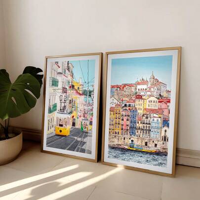 Conjunto de 2 impresiones de pósteres de acuarela con escenas de la ciudad de Lisboa, arte de Oporto, arte de pared de Portugal, Europa, arte de viaje moderno, regalo de inauguración de la casa, sin marco