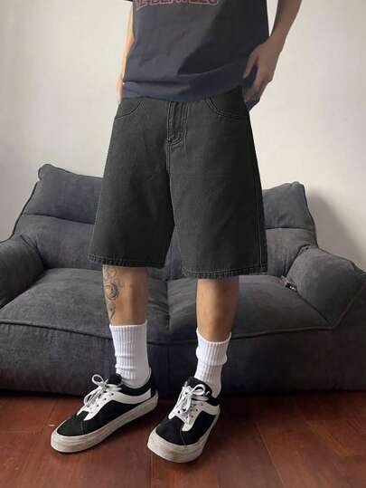 Men's Light Business Casual Washed Denim Shorts, Summer Drawstring Elastic Waist Design Relaxed Fit Jorts