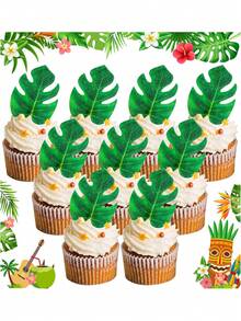 48 piezas - Decoración de flores hawaianas solo para decoración, papel de arroz adhesivo, decoración de cupcakes con hojas de palma tropicales, selección de mini flores de cupcakes con tema hawaiano, decoración de pasteles con tema de selva y fiesta de verano, decoración de cupcakes con tortugas tropicales, hojas verdes de papel de oblea y flores coloridas con tema hawaiano para bodas, cumpleaños y fiestas - Verde - Ver 4