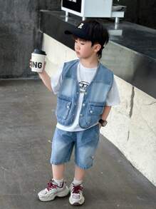 2pcs/Set Toddler Boys' Denim Vest And Shorts Set, Summer