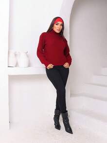 Cacharrel Long Sleeve Puffed Knitting High Neck Winter Tricot Blouse - Đỏ - Xem 3