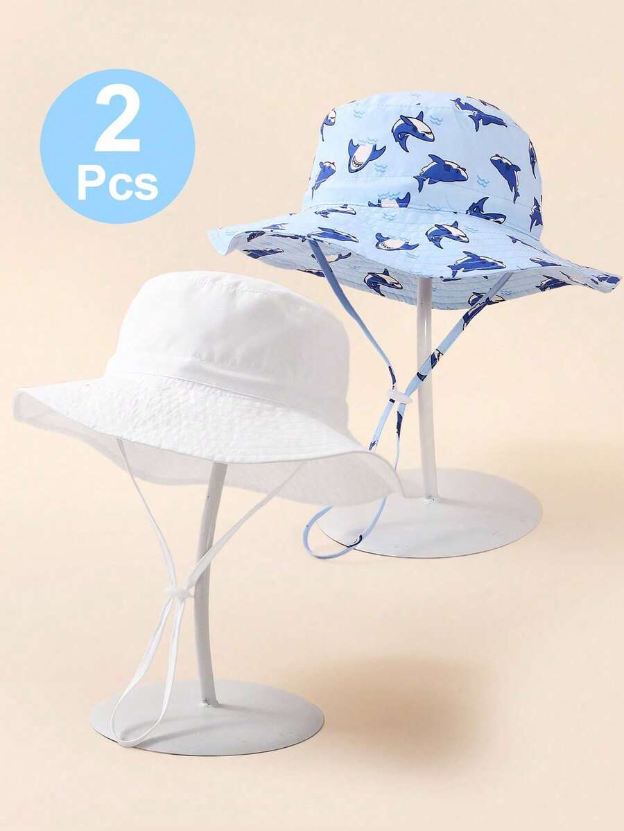 2pcs Kids White & Shark Print Summer Beach Sun Hat With Chin Strap, Sun Ion - White + Shark - View 1