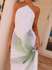 Get Ready To Shine: Women's Summer Halter Dress With  Flower Print - Backless Slim Fit Long Dress For Unforgettable Parties  Beach Adventures - 綠色 - 查看 1