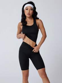 Women's Sports Racerback Tank Top And Pocket Shorts Set, Solid Color Design, Knit Fabric, Medium Elasticity, Opaque, Polyester & Spandex Blend, Suitable For Yoga, Workout, Exercise, And Casual Daily Wear - Slim Fit