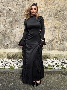 Jeta Ari 女士优雅白色高领荷叶边超长袖连衣裙 - 黑色 - 查看 6