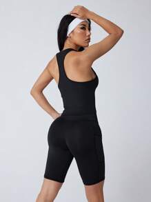 Women's Sports Racerback Tank Top And Pocket Shorts Set, Solid Color Design, Knit Fabric, Medium Elasticity, Opaque, Polyester & Spandex Blend, Suitable For Yoga, Workout, Exercise, And Casual Daily Wear - Slim Fit