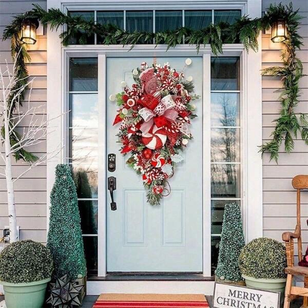 Sweet Christmas Wreath Garland Candy Cane Bow Ornament Xmas Front Door Hanging Wall Home Decor