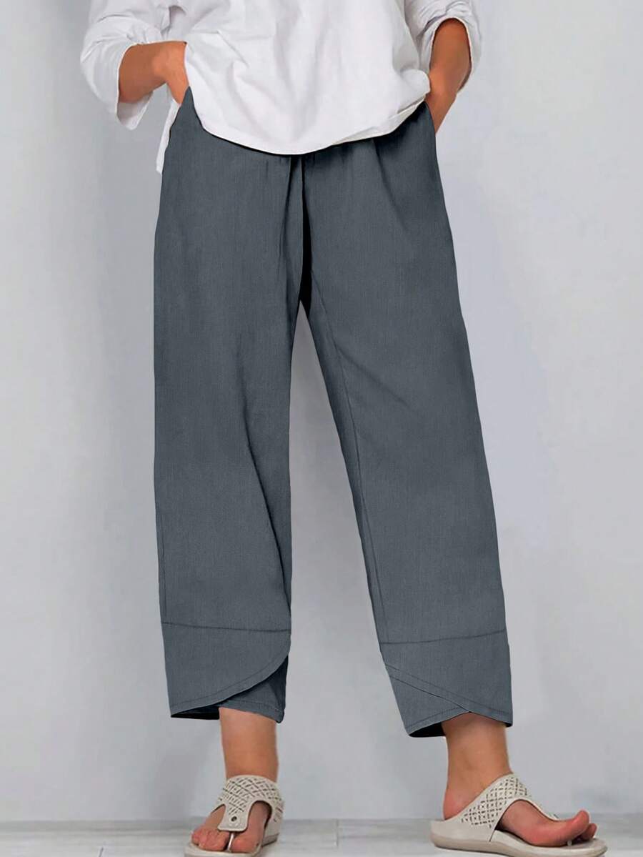 Simple Solid Color Casual Elastic Waist Pants - Grey - View 1