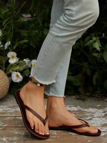 New Spring/Summer, Women's Chocolate Brown Thong Sandals, Round Toe Flat Flip Flops, Casual Slippers For Indoor & Outdoor Wear