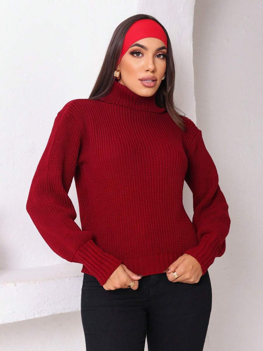Cacharrel Long Sleeve Puffed Knitting High Neck Winter Tricot Blouse - Đỏ - Xem 1