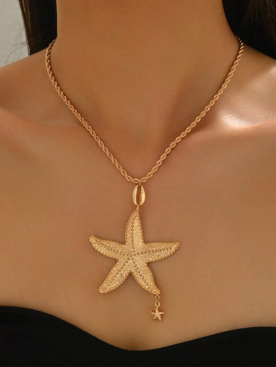 1 pieza Collar colgante elegante con estrella de mar y concha de estilo minimalista y estilo de playa con brisa marina metálica