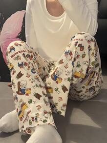 Sanrio Calças Casuais Femininas com Estampa Fofa de Desenho Animado, Calças de Pijama Confortáveis e Soltas, Adequadas para Todas as Estações, Outono