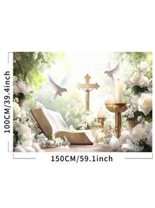 1 Stück florale Erste Heilige Kommunion Taufe Fotografie Hintergrund Gott segne weiße Blumen Friedenstauben goldenes Kreuz Partybanner 150 x 100 / 210 x 150 / 270 x 180 cm Hochzeit Babyparty Geburtstag Fotohintergrund für Innen- und Außenbereich Dekorationsbedarf