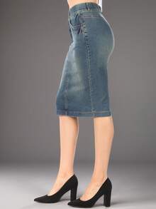 Women Elastic Wasit Band Skirt  Plain  Casual  Denim  Zipper  Pocket - Rửa cổ điển - Xem 3