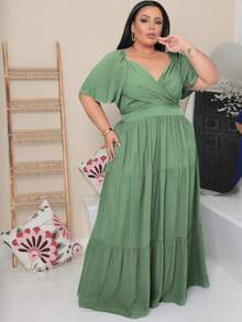 Vestido Longo Plus Size Decote V Cruzado  Manga Curta Tendencia Moda Blogueira - Verde Menta - Visão 3