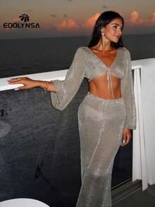 Sexy Metallic Gold Tank Top Long Skirt Knit 2 Pieces Wrap Hip Long Skirt Knit 2 Pieces Set Vacation Club Party Girl Clothing