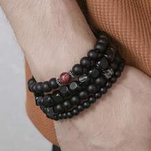 4pcs/Set Punk Rock Grunge Map & Stone Beaded Layered Stretch Bracelet Set, Versatile & Stylish Design For Men Everyday Wear - Burgundy - View 4