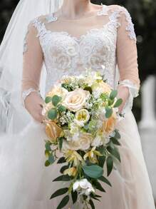 1 pieza Ramo de novia en cascada de rosas blancas artificiales, ramo de boda para lanzar, para ceremonia de boda, aniversario, verano, cumpleaños, regalos, decoración de habitación, útiles escolares