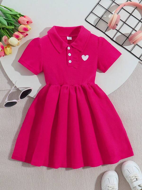 Summer Young Girls Minimalist Polo Collar Half-Open Dress, Button Solid Color Sporty Style With Heart Embroidery, Casual Outdoor Sport Dress