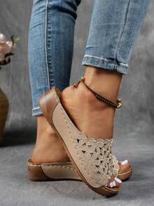 Damen Große Größen Elegante Lässig Flip Flops, Dicke Sohle Cut Out Einfarbige Keilsandalen, Neuer Europäischer und Amerikanischer Sommerstil - Khaki - Übersicht 4