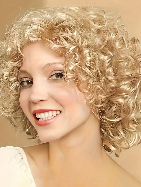 BCHR Basics Curly Wave Peruca Loira Curta Para Mulheres, Fibra De Alta Temperatura, Boné De Rede Rosa, Aparência Natural, 8 Polegadas, 160g, Adequado Para Festas E Uso Diário