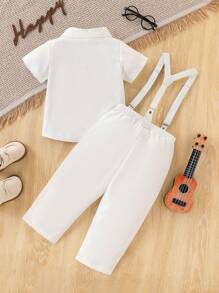 1set Baby Boy White Short Sleeve Shirt + Bib Pants Baptism Suit, Gentlemen Outfit