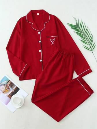 2 Pieces Women Autumn Contrast Piping Collar Pocket Heart Embroidery Long Sleeve Button-Up Top And Pants Pajama Set, Suitable For Home Use, Fall Winter Clothes, Christmas