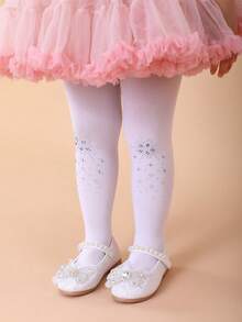 3pcs Girls' White Mesh Tights, Elastic Breathable Leggings, With Star & Moon Pattern, Icy Crystal Rhinestone, Suitable For Spring & Summer - Multicolor - View 4