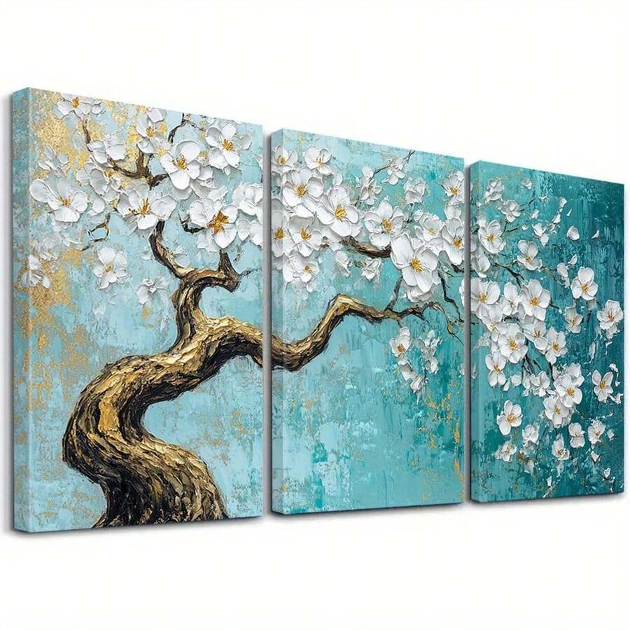 3 件带框樱花帆布墙艺术，艺术装饰经典现代风景水墨画，绿松石背景花卉海报，春夏自然装饰，适用于家庭办公室、客厅、卧室、餐厅、餐厅 - 室内木质框架艺术品，带框架的墙壁艺术 - 彩色 - 查看 1