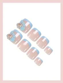 24 片短方形按压式脚趾甲蓝色法式尖头指甲带夏季花朵和银色心形光泽全覆盖女士女孩日常佩戴夏季脚趾甲艺术饰品美甲用品指甲