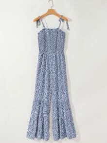 Acelitt Women's Vacation Style Ditsy Floral Ruffle Hem Wide Leg Jumpsuit Elegant Summer - Baby Blue - View 5