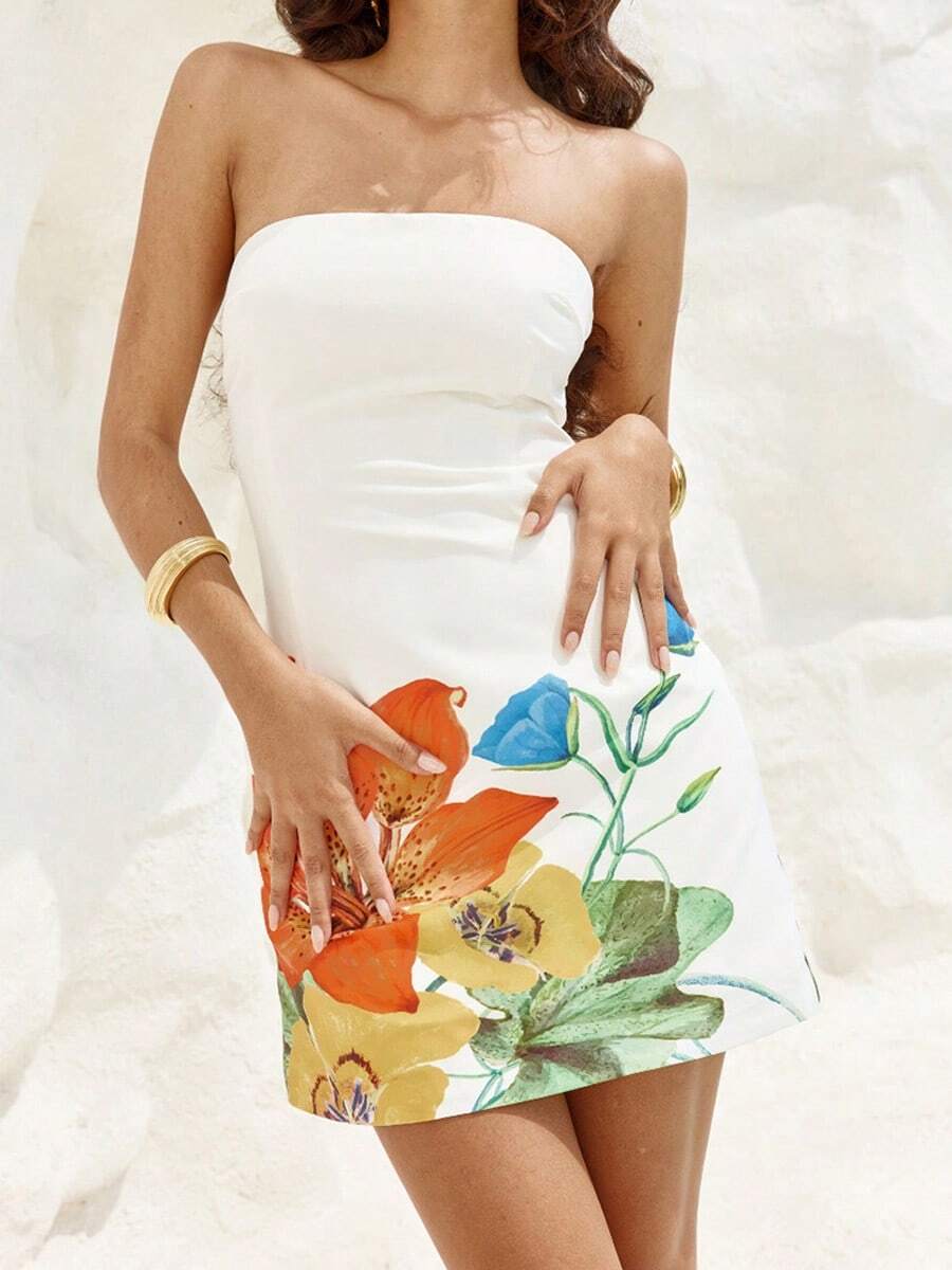 Mini vestido ajustado sexy y elegante con hombros descubiertos para mujer para unas vacaciones de verano con estampado floral, estilo floral hawaiano - Naranja - Ver 1