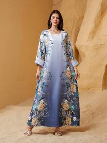Eid Al-Adha Ramadan Collar V-Neck Long Dress, Regular Fit, All-Over Floral Print, Soft 75D 4-Way Stretch Fabric, Regular Sleeve, Glitter, Rhinestone, Embellished Bust, Elegant Arabic Style Kaftan Robe Jalabiya, Modest - NC17 - View 6