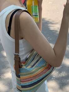 New Fashion Large Capacity Luxury Rainbow Woven Underarm Bag, High-Quality Relaxed Style Beach Play Simple Shoulder Bag