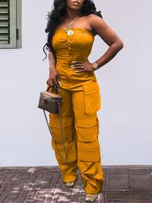 Solid Color Pocket Design Fashion Cargo Jumpsuit - Mustard Yellow - View 4