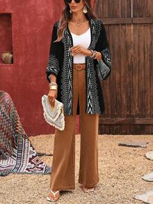 Plus Size Women Geometric Print Batwing Sleeve Loose Cardigan For Holiday - Black and White - View 7