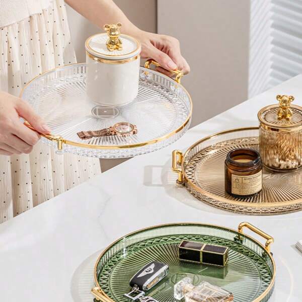 Bandeja decorativa redonda contemporánea con asas duales - Fuente de servir de plástico para taza de té, almacenamiento de arte de uñas - Sin batería requerida, organizador de lujo para decoración del hogar