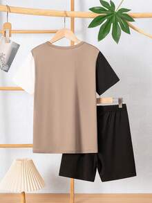 2pcs/Set Toddler & Tween Boy Casual Letter Print Patchwork Contrast Color Short Sleeve T-Shirt And Shorts Set - Champagne - View 2