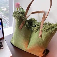 Grand Sac Fourre-tout en canevas avec Décoration de Gland Lettre, Simple Sac à Main à Épauler Pour Le Trajet et Les Courses