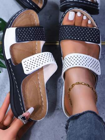 Women's Thick Sole Rhinestone Patchwork Slippers, Elegant Party/Punk/Preppy Style,Beach/Sports/Resort Casual, Rhinestone Decorated Wedge Sandals Suitable For Wedding, Party, Office, Gym, Outdoor, Summer