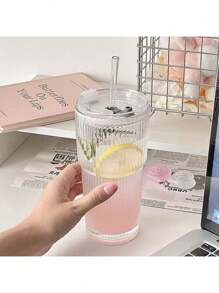 1 pieza, Vaso de vidrio con rayas, con pajita y tapa - 20.29oz/600ml, Vaso de vidrio para beber visualmente atractivo adecuado para café, té, whisky, leche, Americano y bebidas con leche con hielo