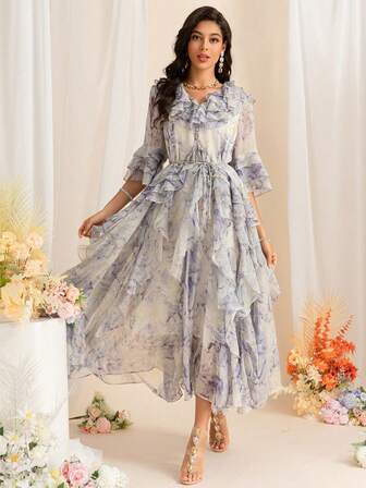 V Neck Sleeve Ruffle Dress Loose Waist Tie Printed Swing Princess Style Dress Summer New