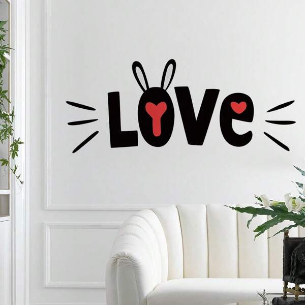 1pc Creative "LOVE" Pattern Wall Decal - With The Image Of Rabbit's Ears And Whiskers Wall Sticker Waterproof, Self-Adhesive Love Theme Sticker For Living Room & Bedroom Decor Wall Decor Stickers Personalised Stickers