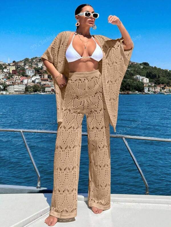 Knitted Vacation Beach Cover Up Outfit With 7/8 Sleeves (Swimwear Not Included)